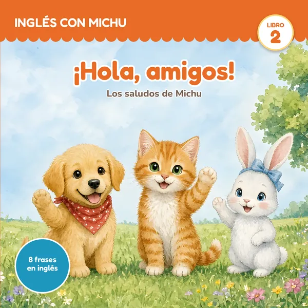 Portada de «¡Hola, amigos!»: Toby, Michu y Hoppy saludan en un prado.