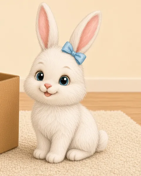 Hoppy, un conejito blanco con moño azul.